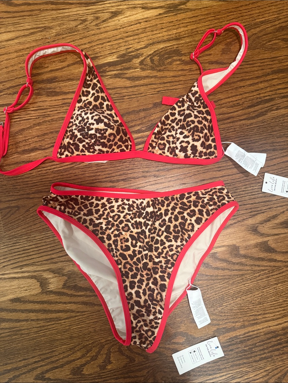 Leopard Print Bikini with Red Trim- S top, M bottom